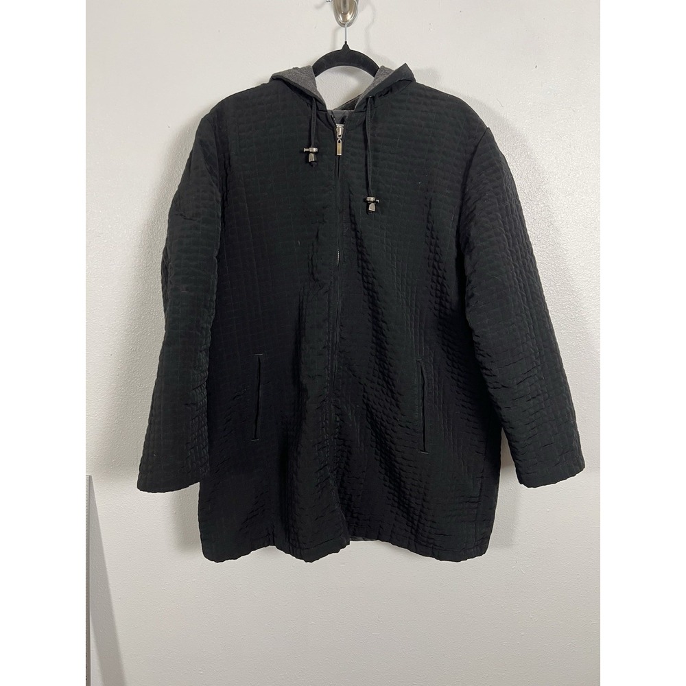 Black Quilted Hooded Jacket Full Zip Casual Outerwear